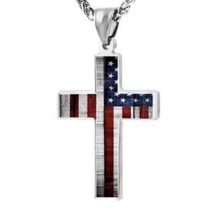 American Flag Patriotic Cross Pendant Necklace Religious Jewelry.